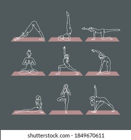 Illustration of nine yoga poses. Beautiful woman doing stretching exercises. The contours of the female body. Set of yoga sequence Infographic. Vector illustration.