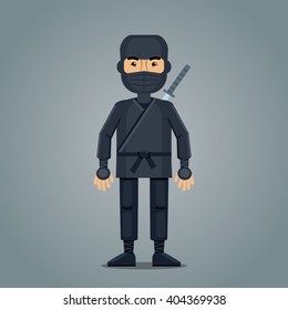 Illustration of a ninja in black clothing isolated on abstract background. Flat style vector illustration
