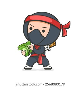 Illustration of a ninja counting money in a cute cartoon style.