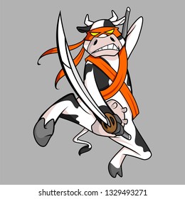 Illustration of ninja cow which jumping to attack