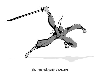 ilustración del combatiente de ninja en acción con espada