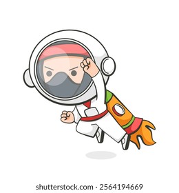 Illustration of a ninja flying on a rocket in a spacesuit in a cute cartoon style.