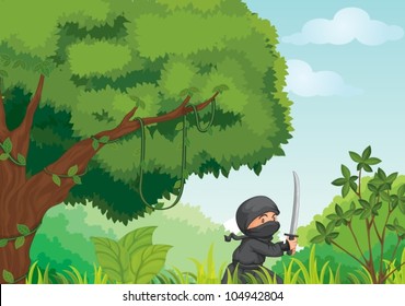 Illustration of a ninja in a forest