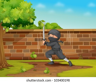 Illustration of a ninja in a garden