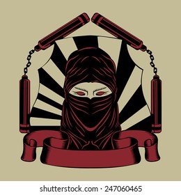 Illustration of  ninja head with nunchuck