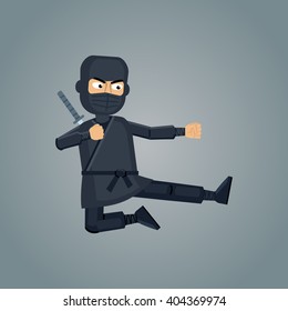 Illustration of a ninja kicking in jump. Confident ninja in black clothing isolated on abstract background. Flat style vector illustration