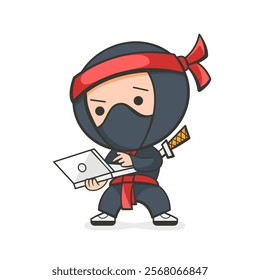 Illustration of a ninja with a laptop in a cute cartoon style.