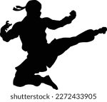 An illustration of a ninja martial artist delivering a flying kick in silhouette