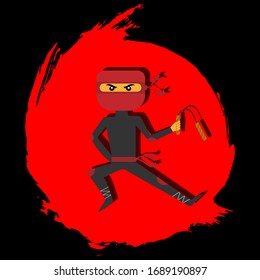 Ilustración de un Ninja con nunchucks, en un círculo rojo andrajoso.
