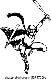 Illustration of ninja over white background. Japanese ninja jump attack with two swords.