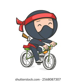 Illustration of a ninja riding a bike in a cute cartoon style.