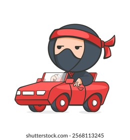 Illustration of a ninja riding a red car in a cute cartoon style.