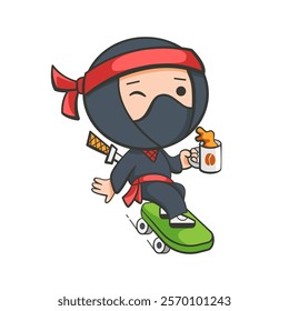 Illustration of a ninja riding a skateboard in a cute cartoon style.