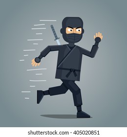 Illustration of a ninja running fast. Confident ninja in black clothing isolated on abstract background. Flat style vector illustration