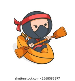 Illustration of a ninja sailing on a kayak in a cute cartoon style.