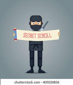 Illustration of a ninja with a secret scroll. Confident ninja in black clothing isolated on abstract background. Ninja holding banner, poster, paper, placard. Flat style vector illustration