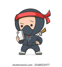 Illustration of a ninja with a smartphone in a cute cartoon style.