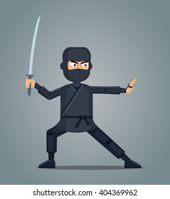 Illustration of a ninja with a sword. Ninja combat stance. Confident ninja ready to fight. Flat style vector illustration