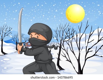 Illustration of a ninja with a sword in the snow