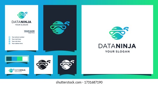 illustration of the ninja technology logo for storing data and brain data. Design logos, icons and business cards. Premium vector.