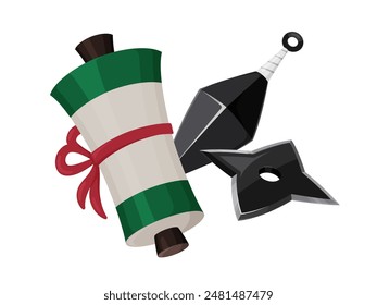 Illustration von Ninja-Werkzeugen: Scroll, Shuriken und Kunai