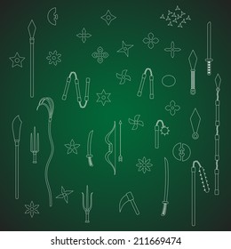 Illustration of ninja weapon on green board, cartoon vector