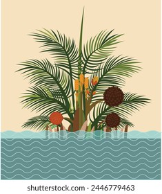 Illustration of Nipa palm has flowers and fruit. The leaves are lobed.