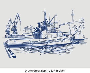 Illustration, no artificial intelligence used, hand drawn, seaport, tugboat, ship, sweat taps