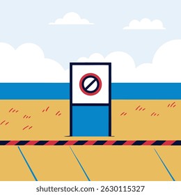 Illustration of a no entry sign on a sandy beach with a blue sea and cloudy sky in the background view