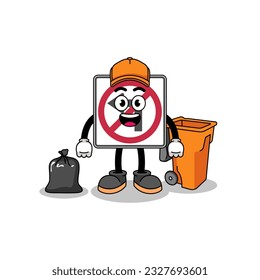 Illustration of no left turn road sign cartoon as a garbage collector , character design