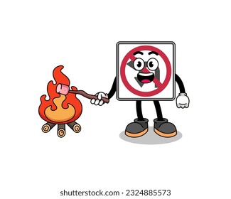 Illustration of no left or U turn road sign burning a marshmallow , character design