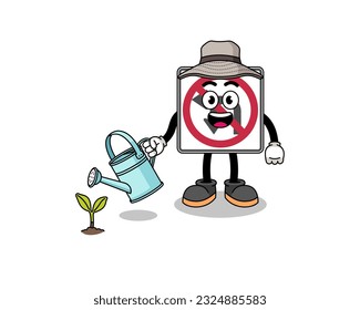 Illustration of no left or U turn road sign cartoon watering the plant , character design