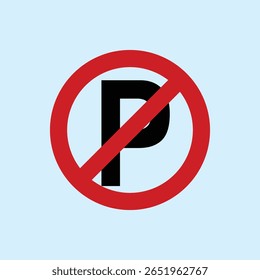 Illustration of a no parking sign with the letter P crossed out in red, light blue background, a general warning symbol not to park vehicles in certain areas.