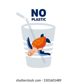 Illustration No plastic! Vector flat design for World Environment Day. A sea turtle swims in in a plastic cup with straw. Harm to nature. Poster design