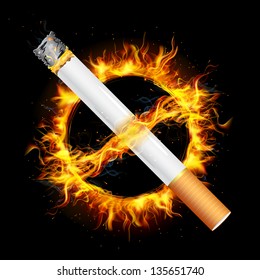 illustration of no smoking sign with cigarette and fire flame circle