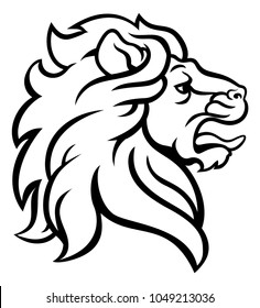 An illustration of a noble looking lion head. Side view