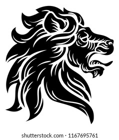 An illustration of a noble looking lion head in from a side view in a vintage retro woodcut style