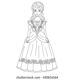 Illustration of noblewoman in ancient dress 19 of a century, cute lady in elegant attire or princess on walk, vector illustration, coloring book page for children