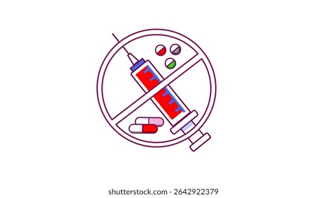 Illustration of a no-drugs-allowed symbol featuring pills and a syringe with a prohibition line. Represents the concept of drug prevention, health, anti-addiction campaigns, life-saving educational.