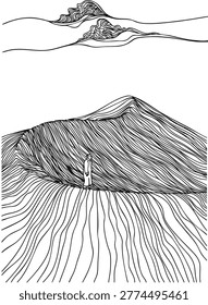 Illustration of a nomad walking along a sand ridge in the desert. Line art. Black and white vector illustration. Suitable for posters, postcards, and banners.
