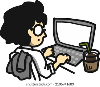 Illustration of a Nomad worker working in a coffee shop, or coworking space using a laptop computer.