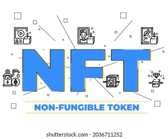 Illustration of Non-fungible tokens (NFT) and cryptocurrency topics for education website, presentation, book.