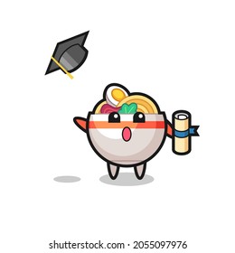 Illustration of noodle bowl cartoon throwing the hat at graduation , cute style design for t shirt, sticker, logo element