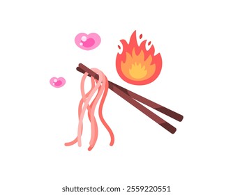 illustration of noodles with chopsticks. heart and fire symbol. eating noodles using chopsticks. like spicy noodles. food. flat style design. elements