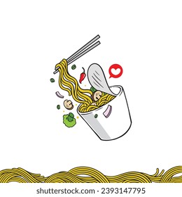 Illustration Noodles Cup with vegetables, pot noodles