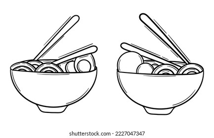 illustration of noodles and eggs, and noodles and meatballs in a bowl with chopsticks on it