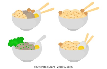 Illustration von Nudeln und Eiern, und Nudeln und Fleischbällchen Redesign in einer Schüssel mit Stäbchen darauf