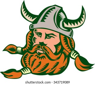 Illustration of a norseman viking warrior raider barbarian head wearing horned helmet with beard set on isolated white background done in retro woodcut style. 