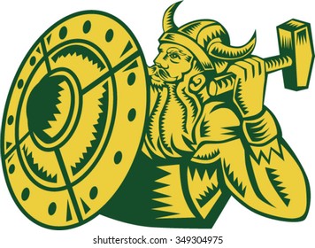 Illustration of a norseman viking warrior raider barbarian wearing horned helmet with beard holding hammer and shield viewed from side set on isolated white background done in retro woodcut style. 