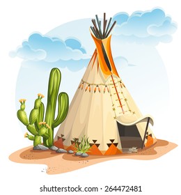 Illustration of the North American Indian wigwam with cactus and stones for video web game user interface